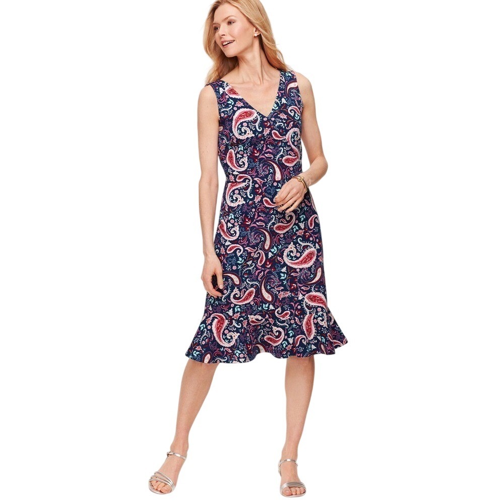 Talbots Flounce Hem Fit & Flare Dress Watercolor Paisley Print MEDIUM